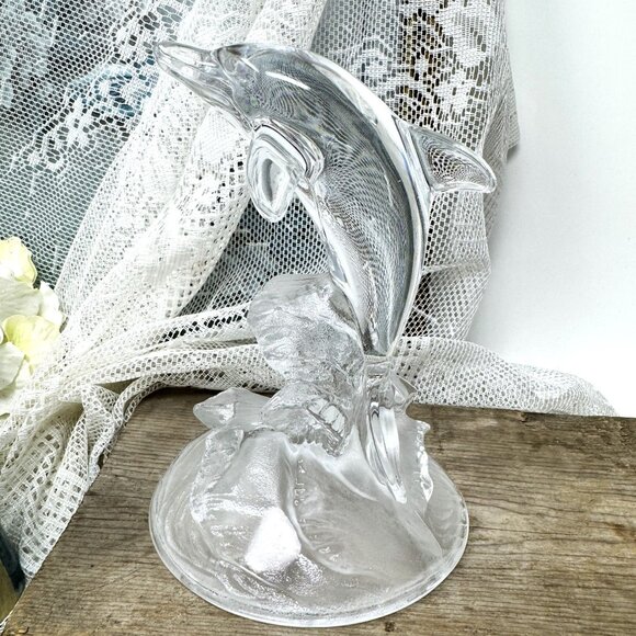 Clear Glass Dolphin Figurine Leaping Over Frosted Waves - Picture 2 of 9